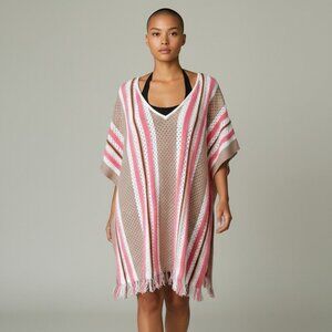 Echo Striped Knit Poncho One Size Tan Pink White Fringe Hem Boho Coverup